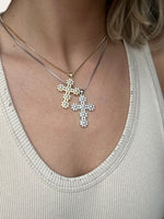 Pearl Crystal Cross Necklace - Silver