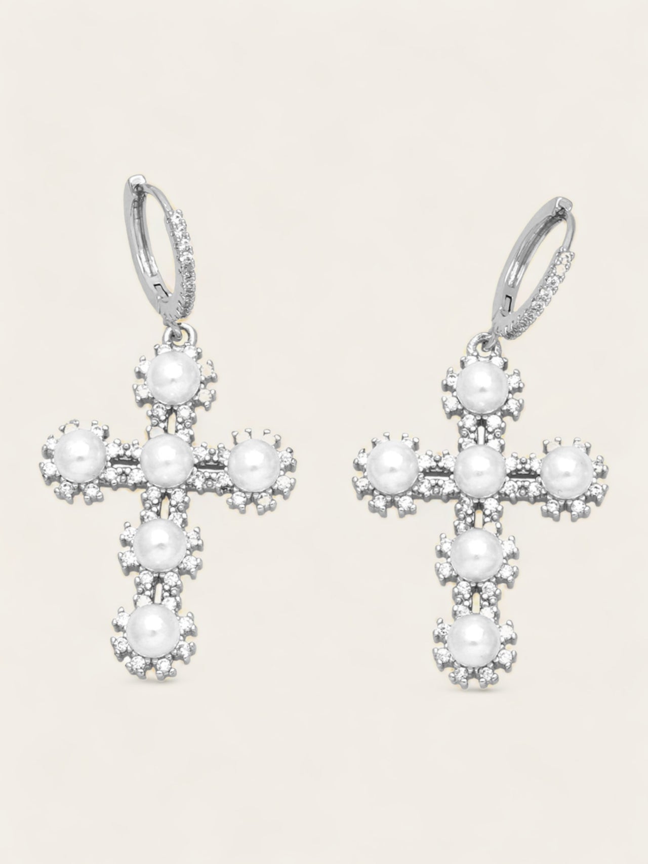 Pearl Crystal Cross Earrings - Silver