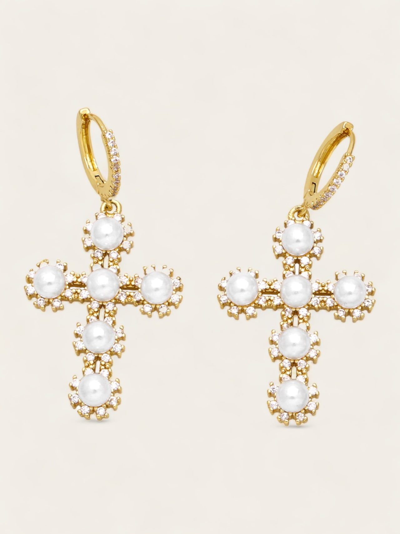 Pearl Crystal Cross Earrings - Gold