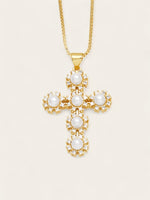 Pearl Crystal Cross Necklace - Gold