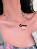Clear Heart Bow Necklace - Black