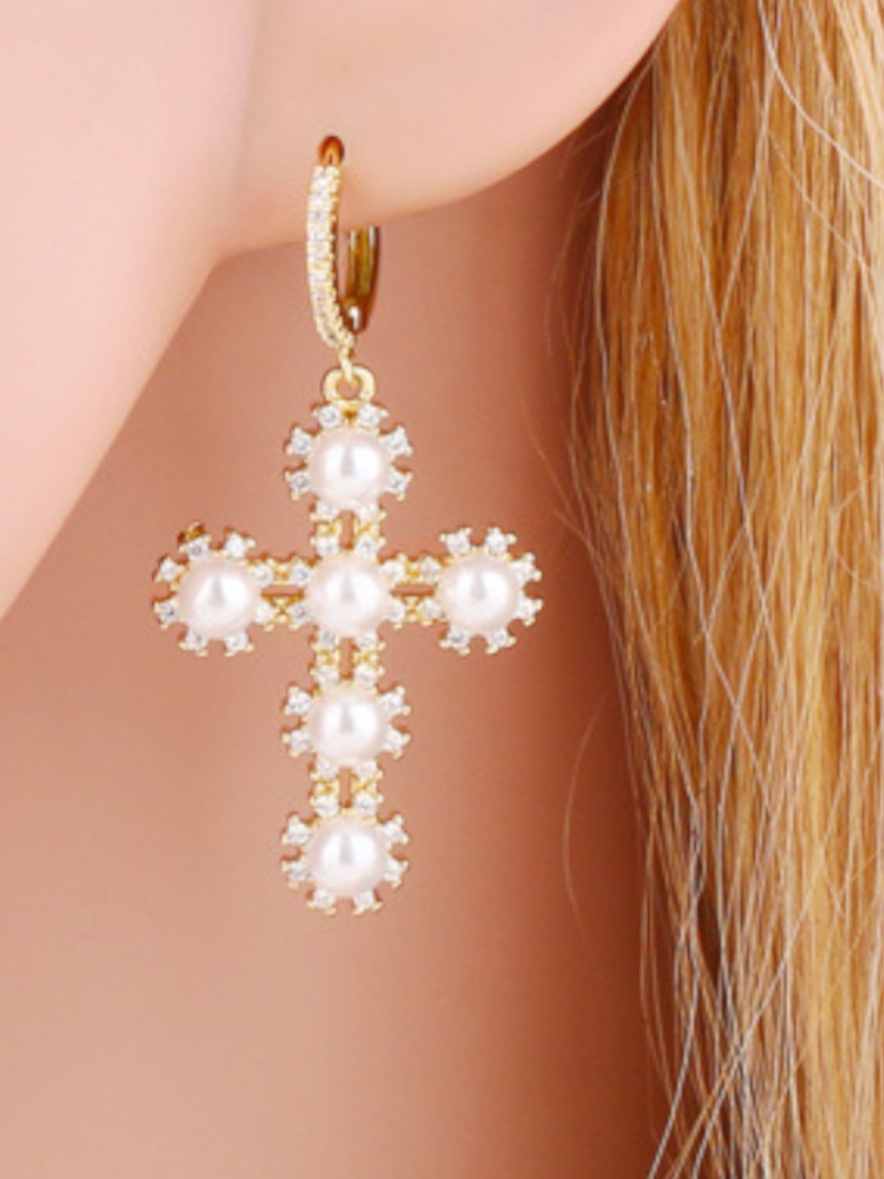 Pearl Crystal Cross Earrings - Gold