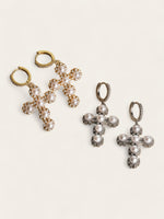Pearl Crystal Cross Earrings - Silver