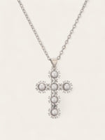 Pearl Crystal Cross Necklace - Silver