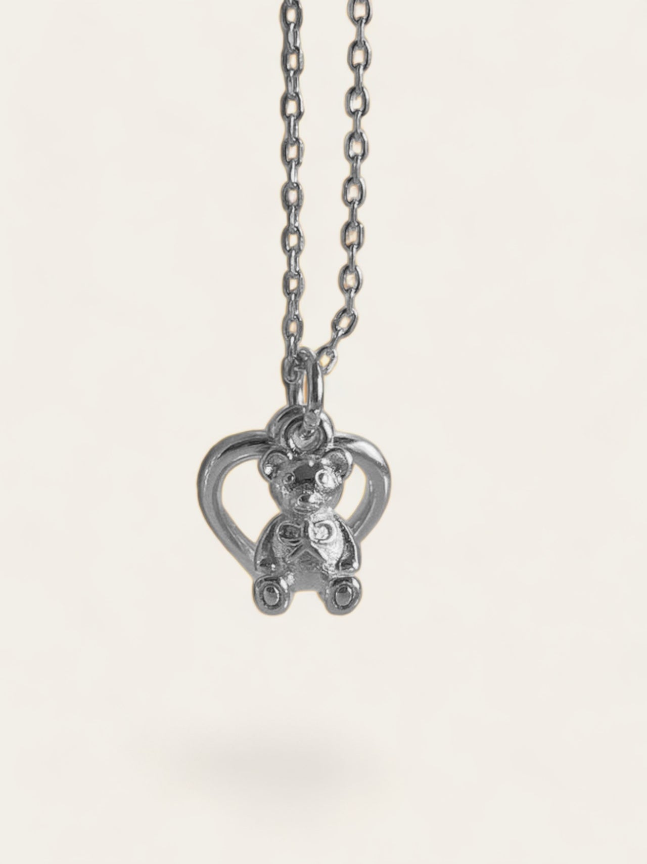 Teddy Bow Heart Necklace - Silver